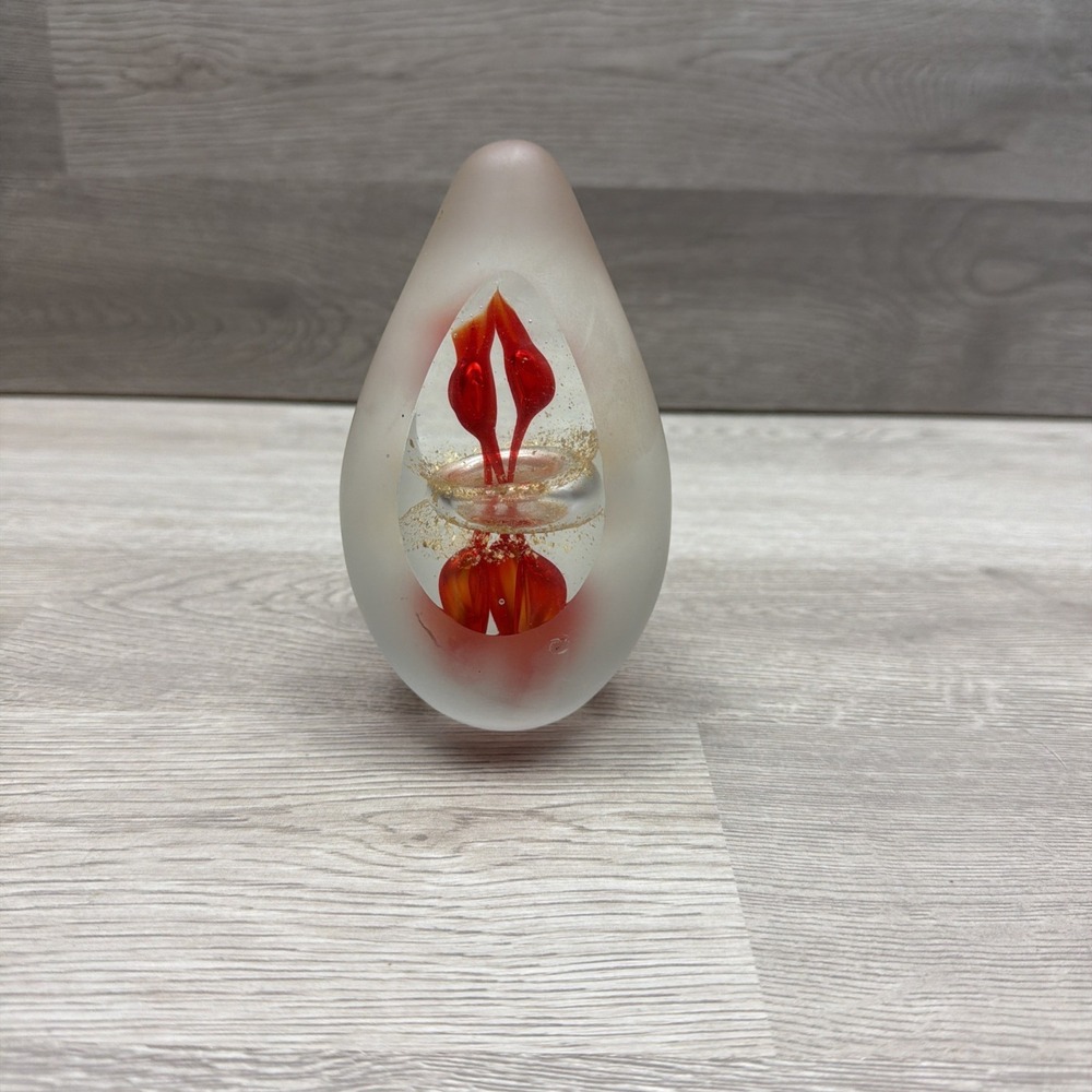 Art Glass Paperweight Frosted Glass with Windows Splash of Color Orange - 5.5 In